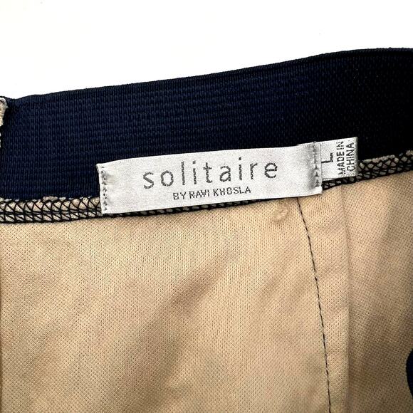 SOLITAIRE Large Navy Blue Lace‎ Overlay Tan Lined knee length skirt Ravi Khosla - Picture 3 of 7